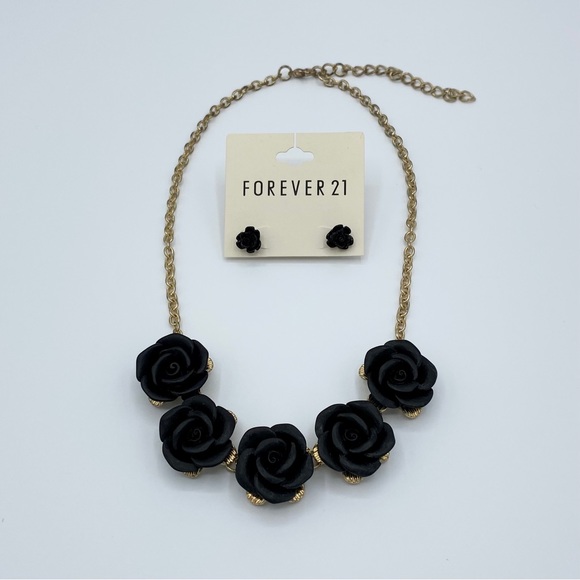 FOREVER 21 Black Roses Necklace and Earrings Set Black/Gold - Picture 2 of 4